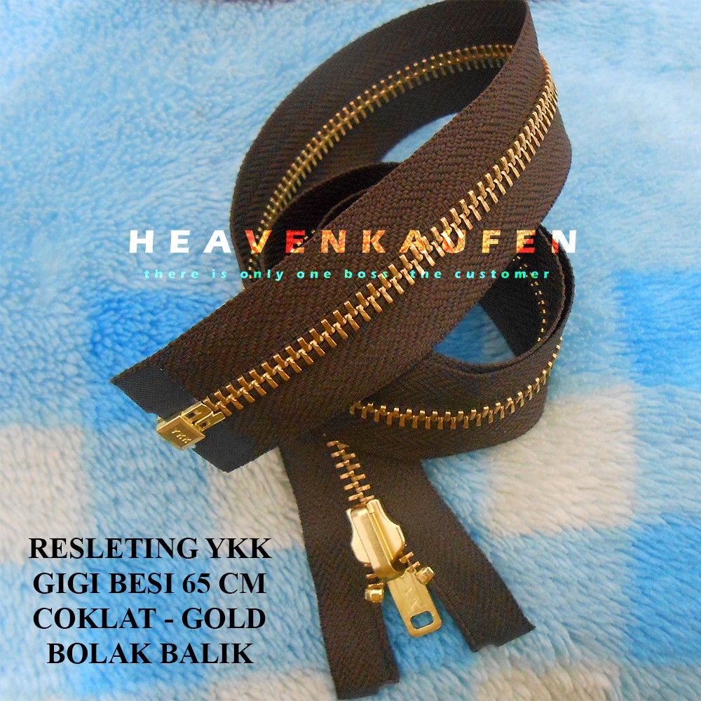 Zipper Resleting 65 cm YKK Gigi Besi Coklat - Gold / Emas Bolak Balik