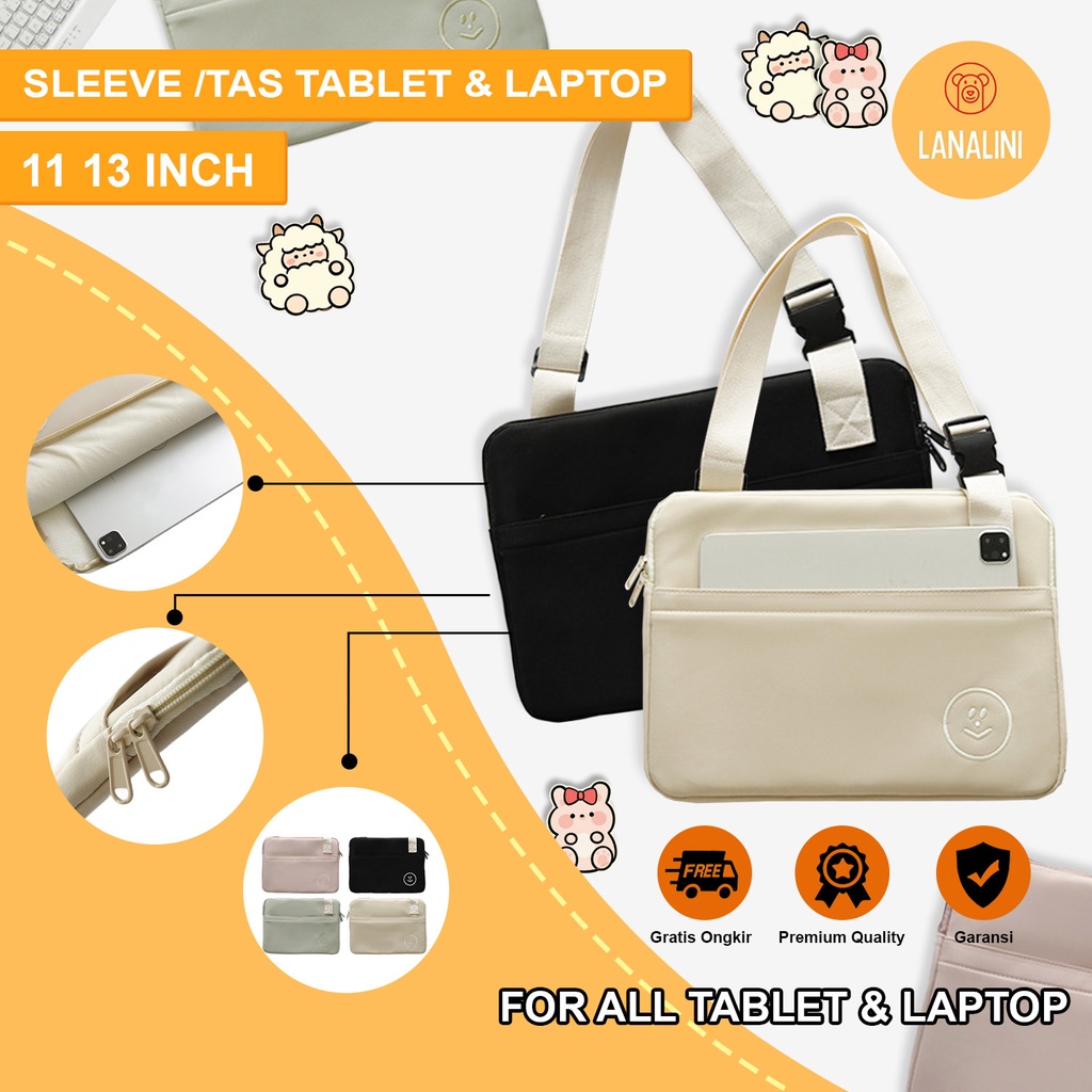 Sleeve Pouch Sarung Tas Bag Case Ipad Tab Tablet Macbook Air Pro Laptop Asus Acer Lenovo HP Huawei 11 12 13 14 15 inch Motif Gambar Smile Polos Warna Khaki Cream Hitam Black Hijau Green Lucu Cute Murah Korean Model Tali Selempang Jinjing