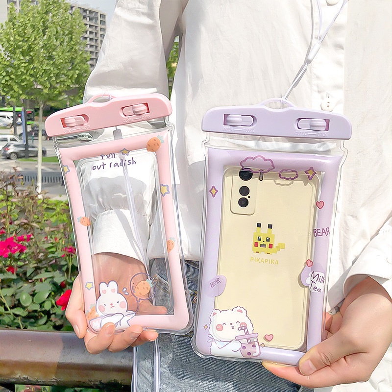 Cartoon Transparent Mobile Phone Waterproof Bag / Float Airbag Inflated Touch Screen Seal Shockproof Bag / Swimming Phone Hanging Bag