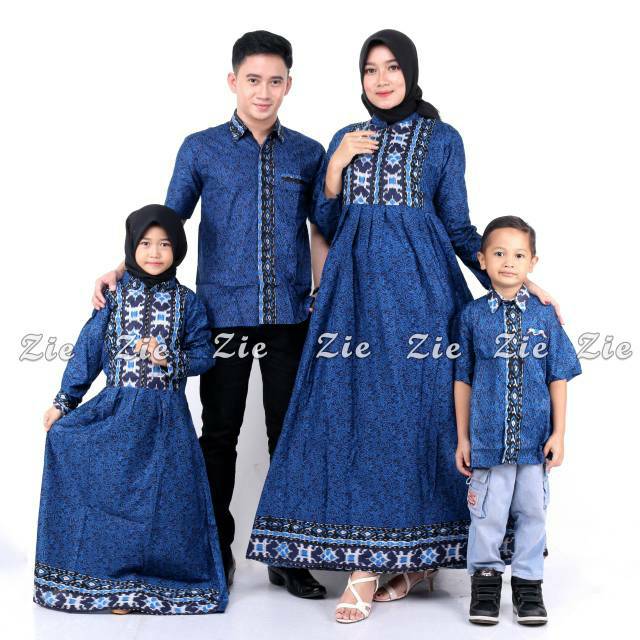 Saroja (077) Couple Keluarga Batik Gamis Batik Katun Premium Motif Mega Mendung Biru