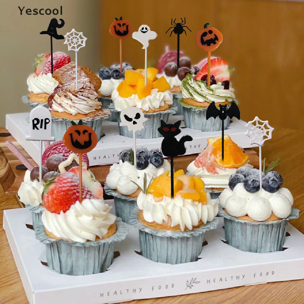 Yescool 10pcs / Pak Tusuk Gigi Buah / Kue / Dessert Tema Halloween Untuk Anak