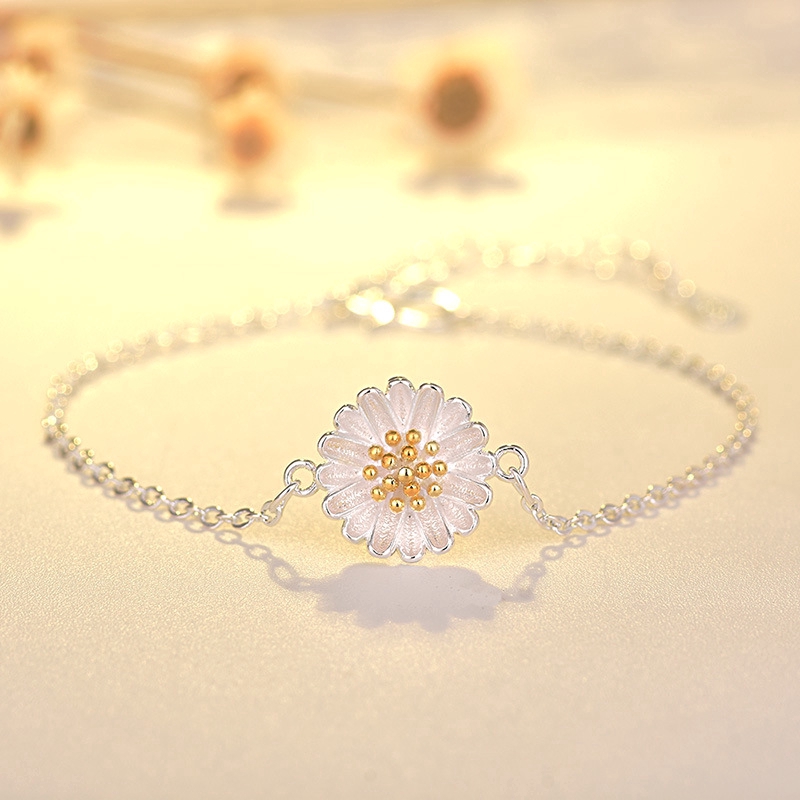 Perhiasan Wanita Kalung Cincin Gelang Daisy Flower Silver Necklace Ring Bracelet Women Jewelry Set Accessories Gifts