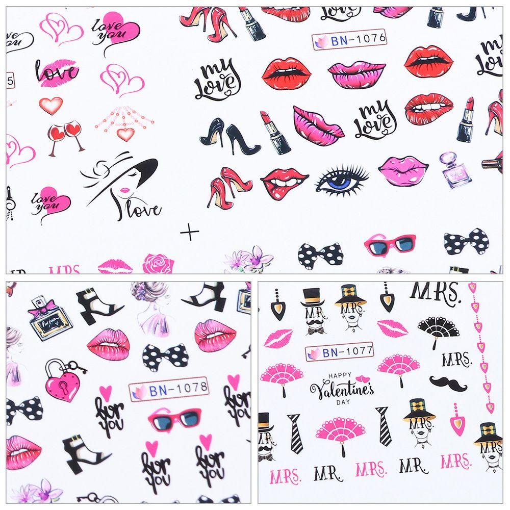 Solighter 12desain/lembar Stiker Kuku Nail Art Dekorasi Cinta Hati Sexy DIY Manicure