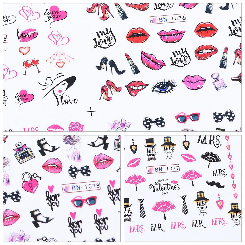 Solighter 12desain/lembar Stiker Kuku Nail Art Dekorasi Cinta Hati Sexy DIY Manicure