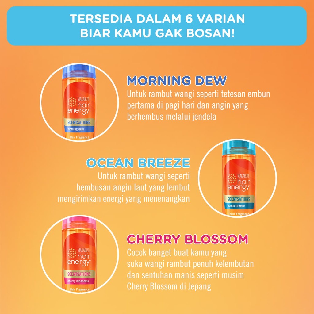 MAKARIZO Hair Energy Scentsations Ocean Breeze Indonesia / Hair Fragrance 30ml 100ml / ScenTech-F UV Protection Vitamin / Parfum Rambut Parfume Spray Mist Minyak Wangi Pewangi Body Badan / Morning Dew Cherry Blossoms White Musk Blue Coast Fresh Bouquet