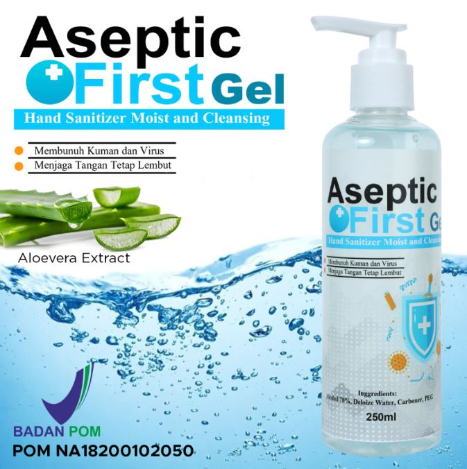 HANDSANITIZER GEL PUMP 250ML ASEPTIC FIRST GEL ANTIBACTERIAL LEMBUT DIKULIT - ECER GROSIR