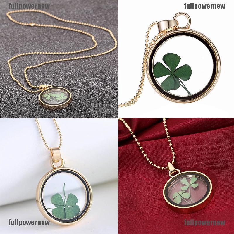 Kalung Dengan Liontin Bentuk Bunga Clover Kering Bahan Resin