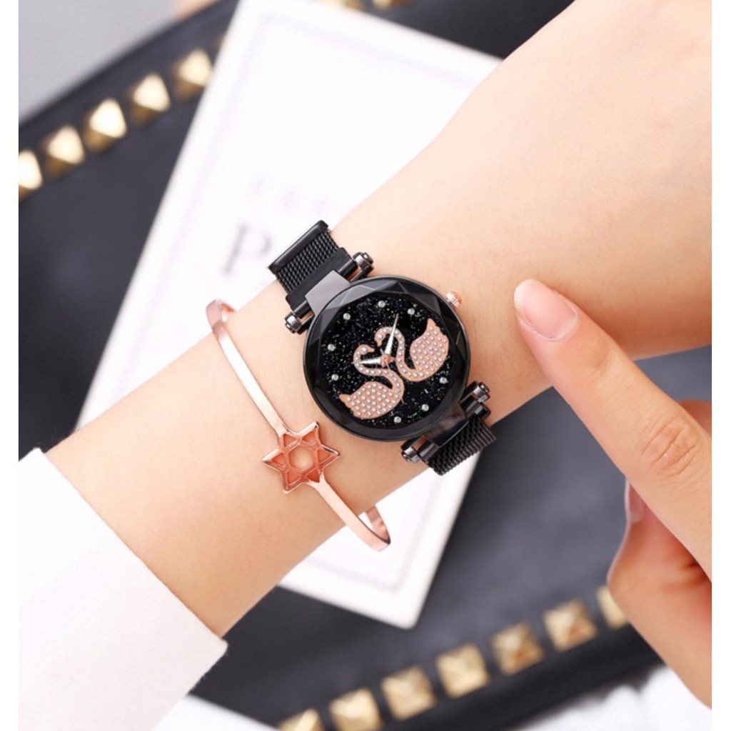 Jam Tangan Mewah Angsa TWO SWAN Magnet Mesh Korea Fashion Women's Wrist Watches