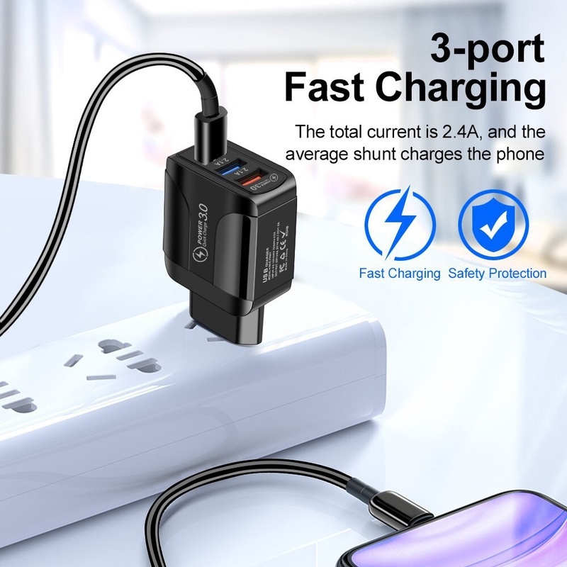 Adapter Charger Dinding 3 Port USB Fast Charging 15W Plug US / EU Untuk Handphone