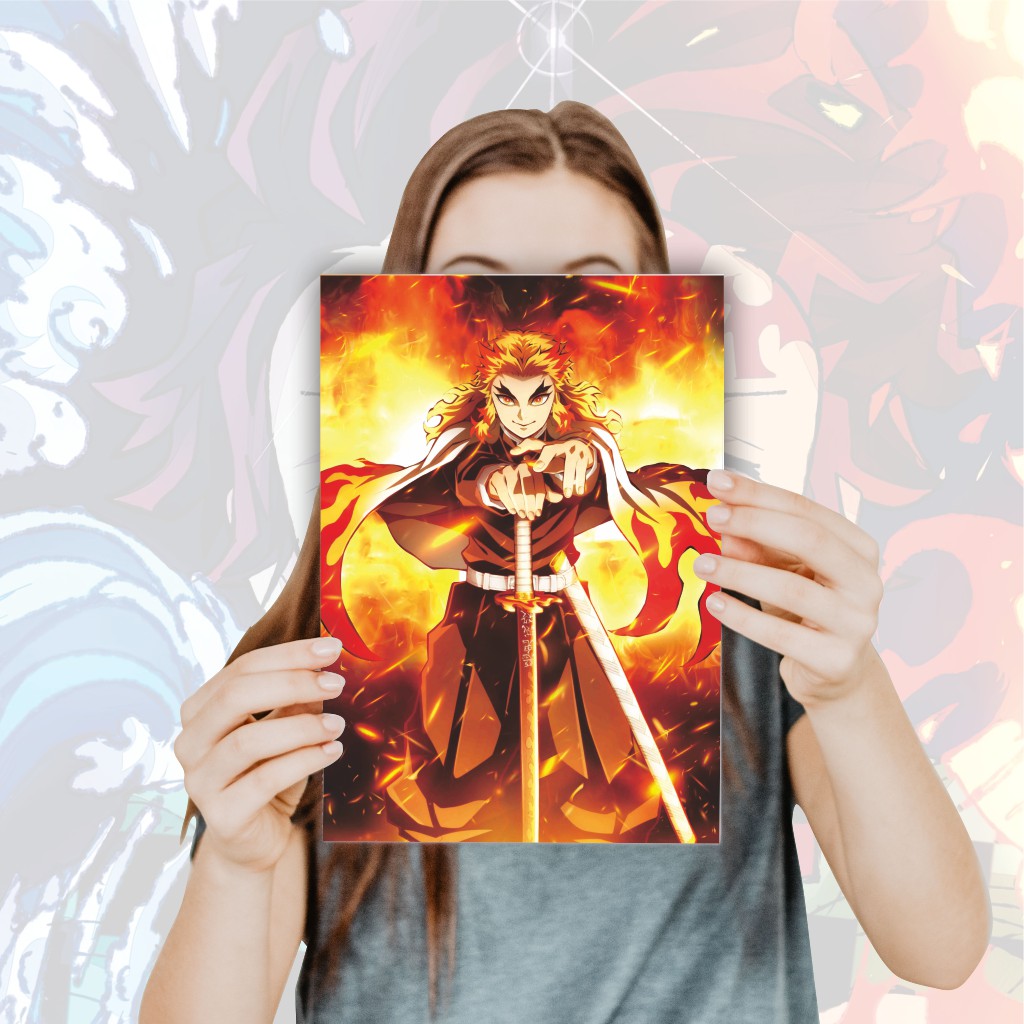 Poster Anime Kimetsu no Yaiba Demon Slayer Nezuko Tanjiro Zenitsu Giyuu Tomioka Inosuke - Size A4+-11 Kyojuro
