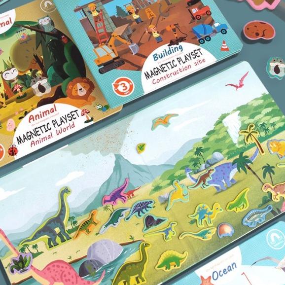 ♫ Buku Magnetic Playset Book - Buku Puzzle Playmate Magnet Anak - Dino ♕