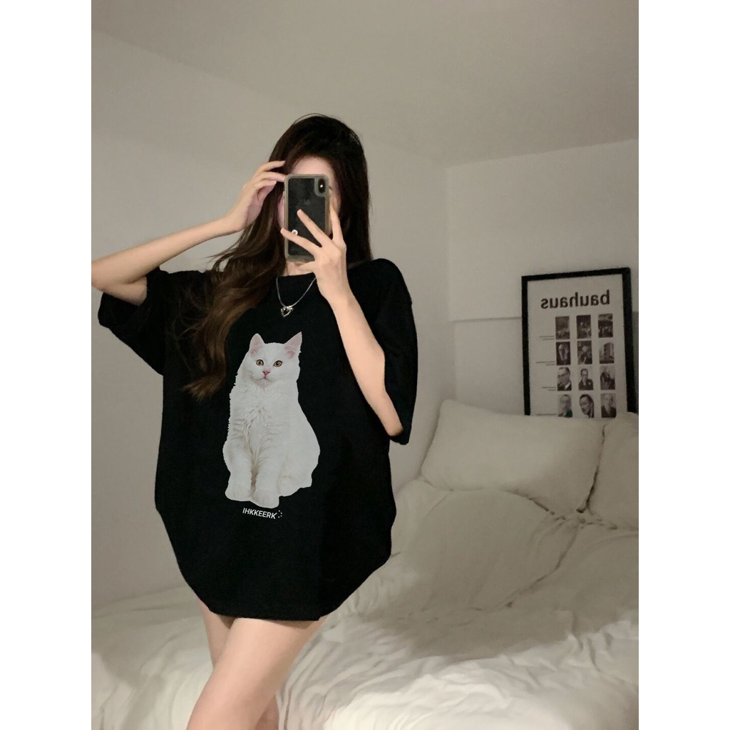 Korean Style Cat Kaos Putih Atasan Wanita Lengan Pendek Oversize Printed T-shirt Baju Wanita Kekinian