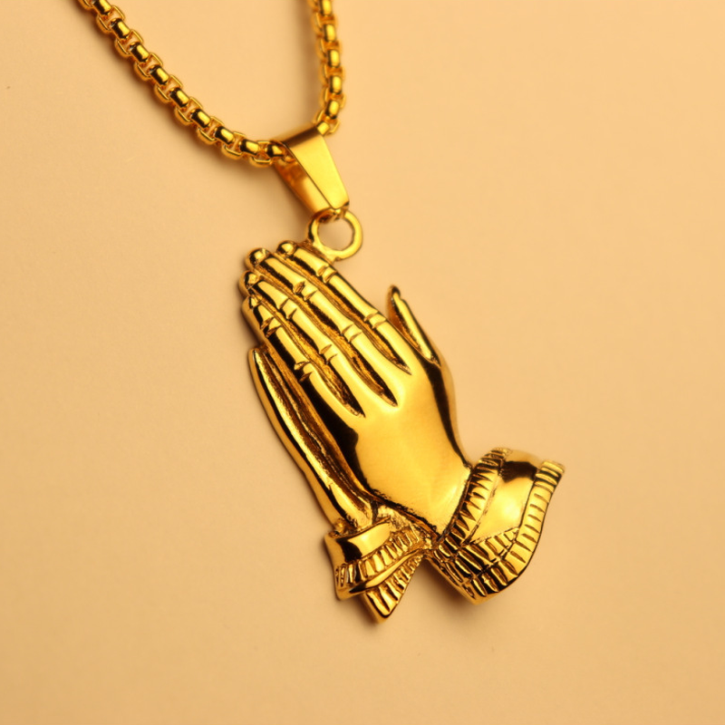 Kalung Rantai Emas 18k Liontin Tangan Berdoa Gaya Hip Hop Untuk Pria