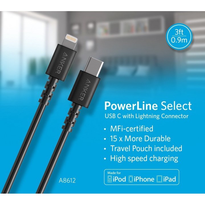 ANKER A8612 PowerLine Select - USB-C to Lightning MFI Data Cable 3ft