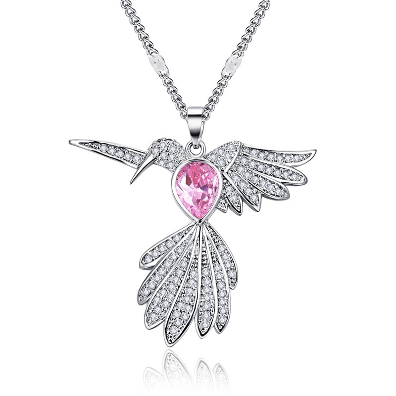 Kalung Rantai Sterling Silver 925 Dengan Liontin Burung Kolibri Hias Kristal / Berlian Pink Untuk Wanita