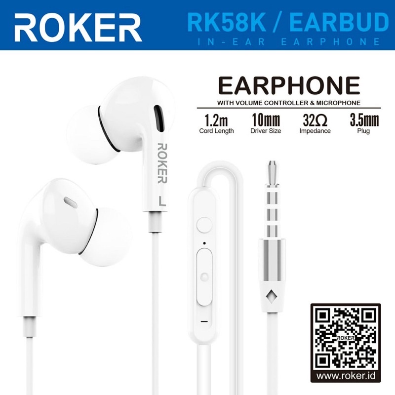 GROSIR HANDSFREE ROKER RK58K EARBUDS WITH VOLUME CONTROLLER EARPHONE EXTRABASS ORIGINAL