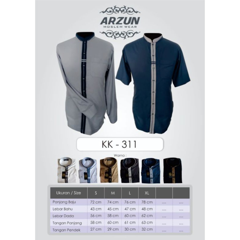 Baju Koko Arzun Premium Warna Pengan Pendek dan Lengan Panjang kode 311