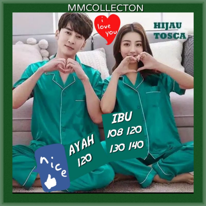 piama pasangan suami istri couple / cowok cewek Piyama baju tidur satin polos lengan pendek-2 PCS - tosca