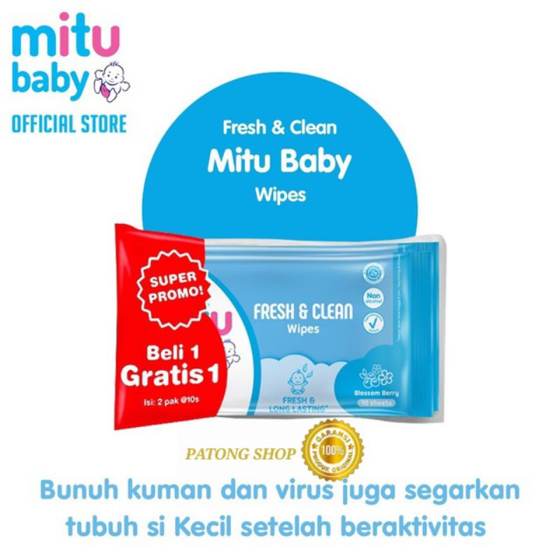 Beli 1 gratis 1 - Mitu Baby Wipes Fresh &amp; Clean Blue 10's Tissue Basah