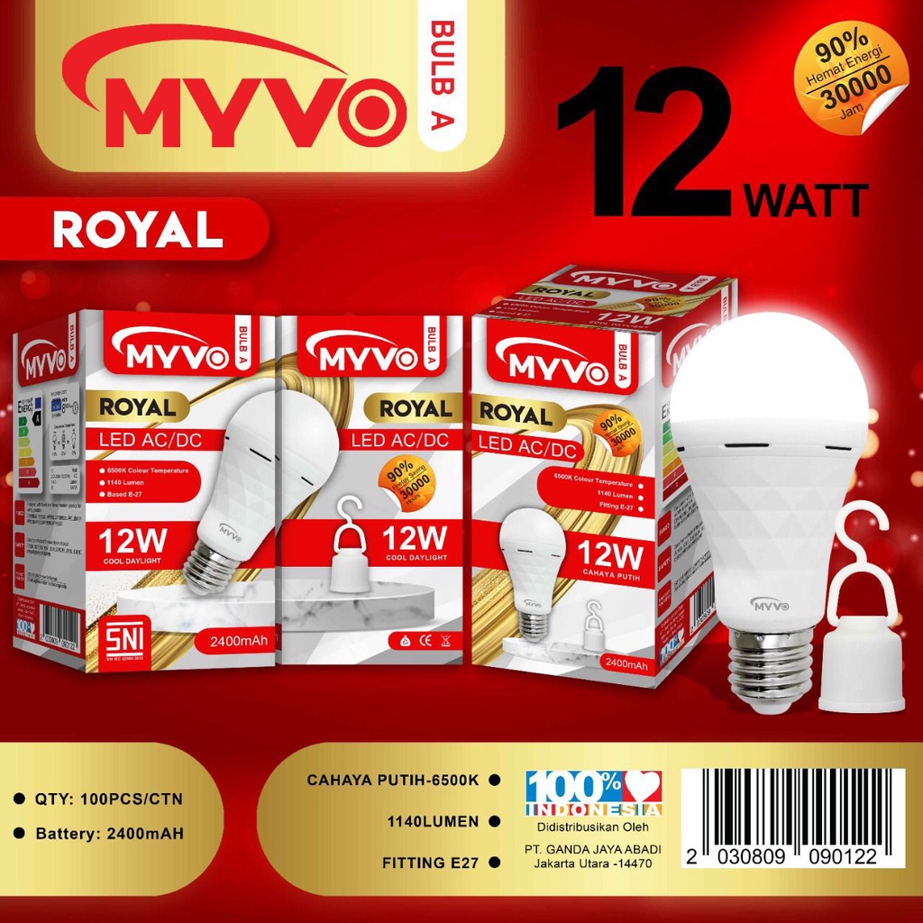 Bohlam LED Emergency Myvo Royal 12 Watt + fitting Lampu darurat Lampu Magic