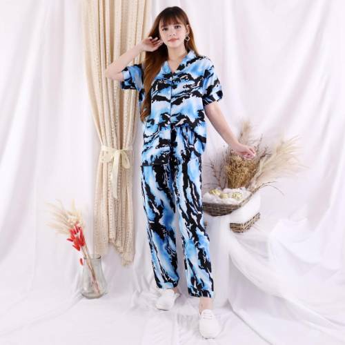 Setelan Piyama Wanita Baju Tidur Cewek Motif Tie Dye One Set Rayon Adem Jumbo XL-XXL Caris CP-DARA BIRU