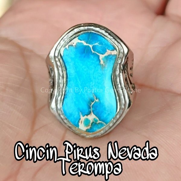 Cincin Batu Akik Natural Pirus Biru Nevada Motif Terompa