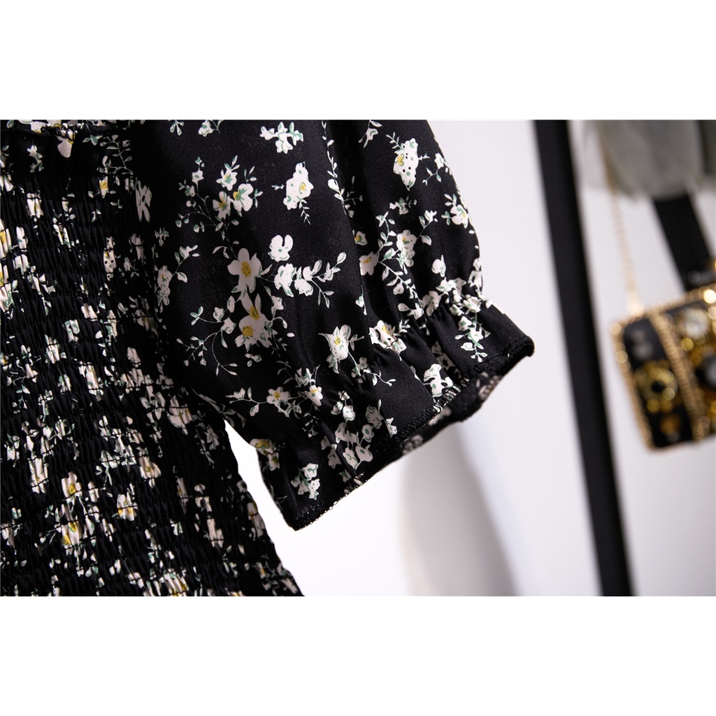 COD New 2022 Hitam Floral Midi Dress Korea Style Pantai Baju Dress Wanita Baju Pesta Gaun 2023 Dada Lipit Musim Panas