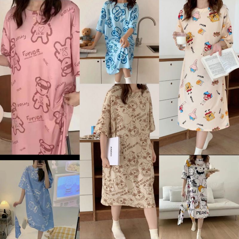 Daster kaos wanita / baju tidur wanita lengan pendek / Daster lengan pendek import