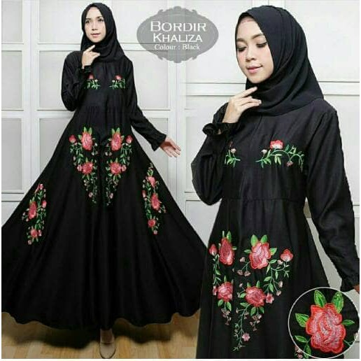 Syari Khaliza Bordir Hitam Busana Muslim Modern Kekinian Gamis Pesta