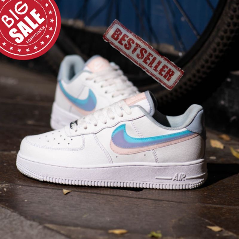 Sepatu Nk Air Force 1 GD Double Swoosh White Blue Peach Original OEM Sneakers Wanita