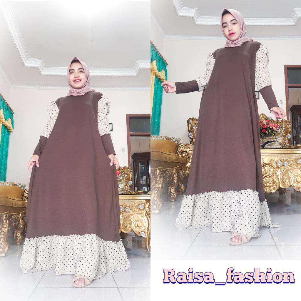 Gamis rajut knit kombinasi polkadot