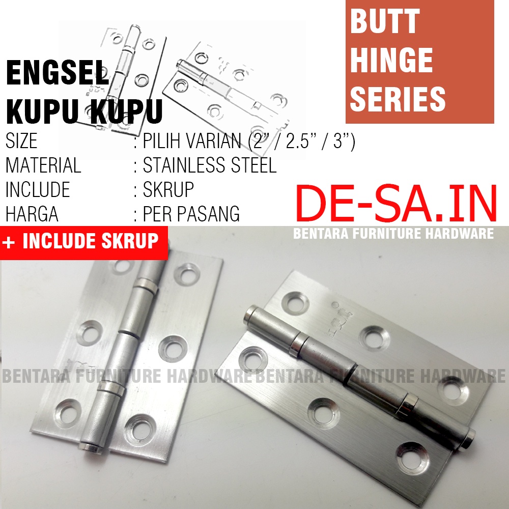 ENGSEL KUPU KUPU  STAINLESS STEEL  ( 1 - 2 - 2.5 - 3 INCHI ) - BUTT HINGE