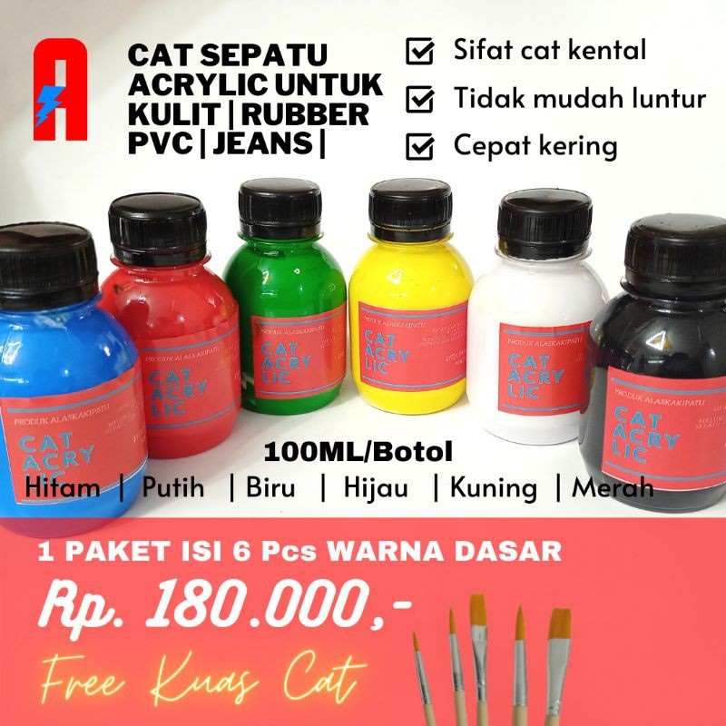 Paket Cat Acrylic 100ml 6pcs warna dasar gratis kuas dan finisher