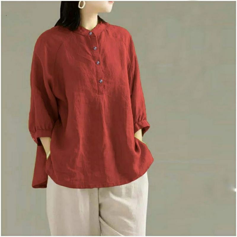 Happy Bahan Linen Kemeja Blouse Wanita Jumbo LD 120 Lengan 3/4 Korean Style