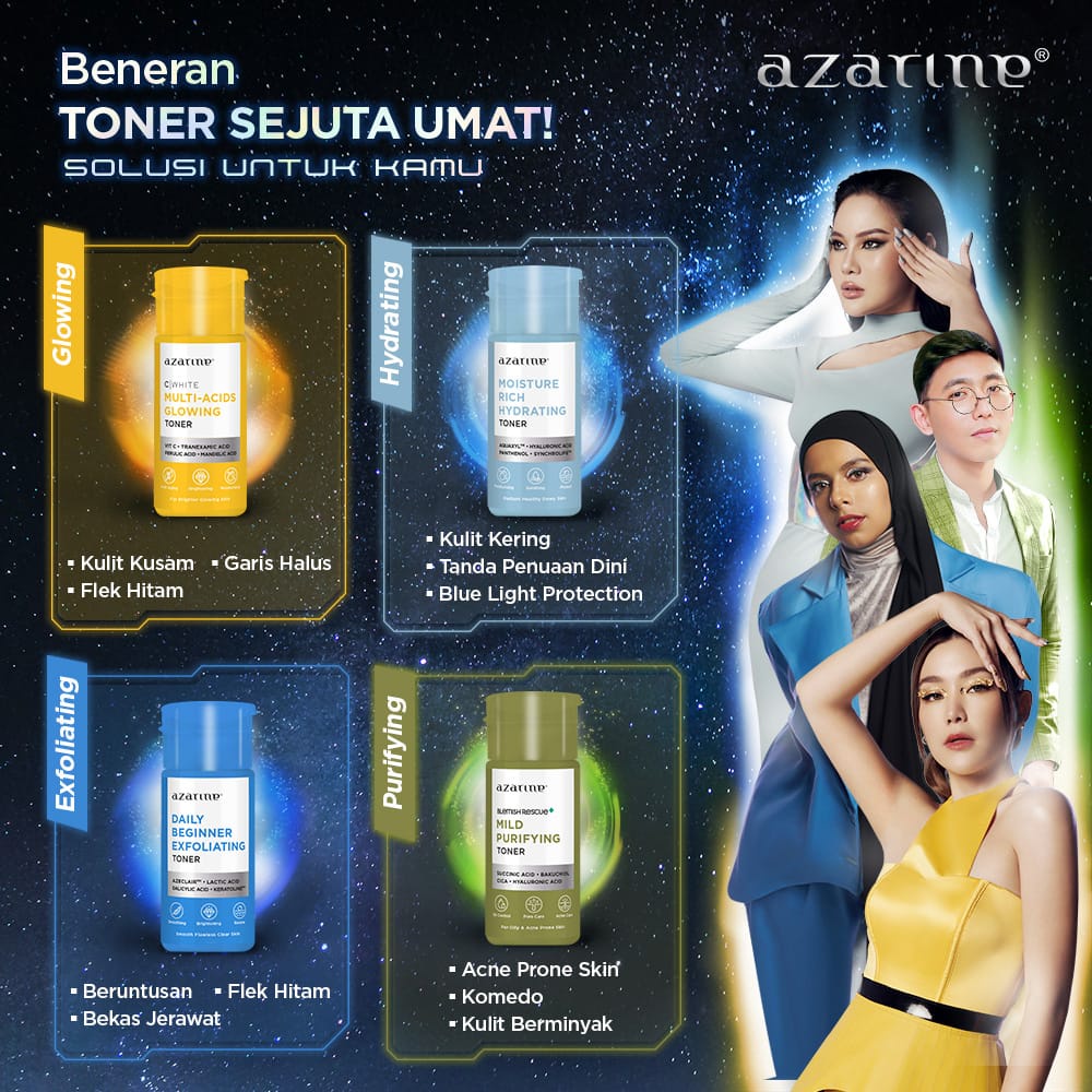 ❤ BELIA ❤ AZARINE Face Toner All Series 90ml | Toner Wajah Mild Purifying | Multi-Acids Glowing | Daily Beginner Exfoliating | Moisture Rich Hydrating | BPOM