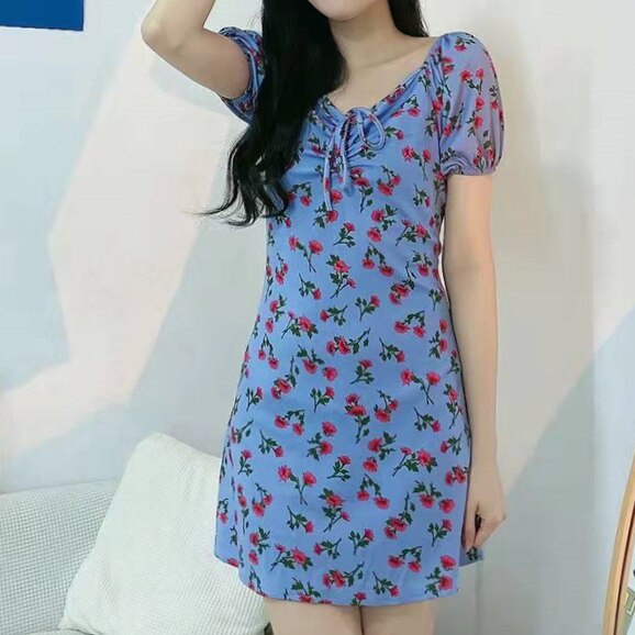 Musim Panas Lengan Pendek Renda Dress Mini Floral Gaun Kasual A-line