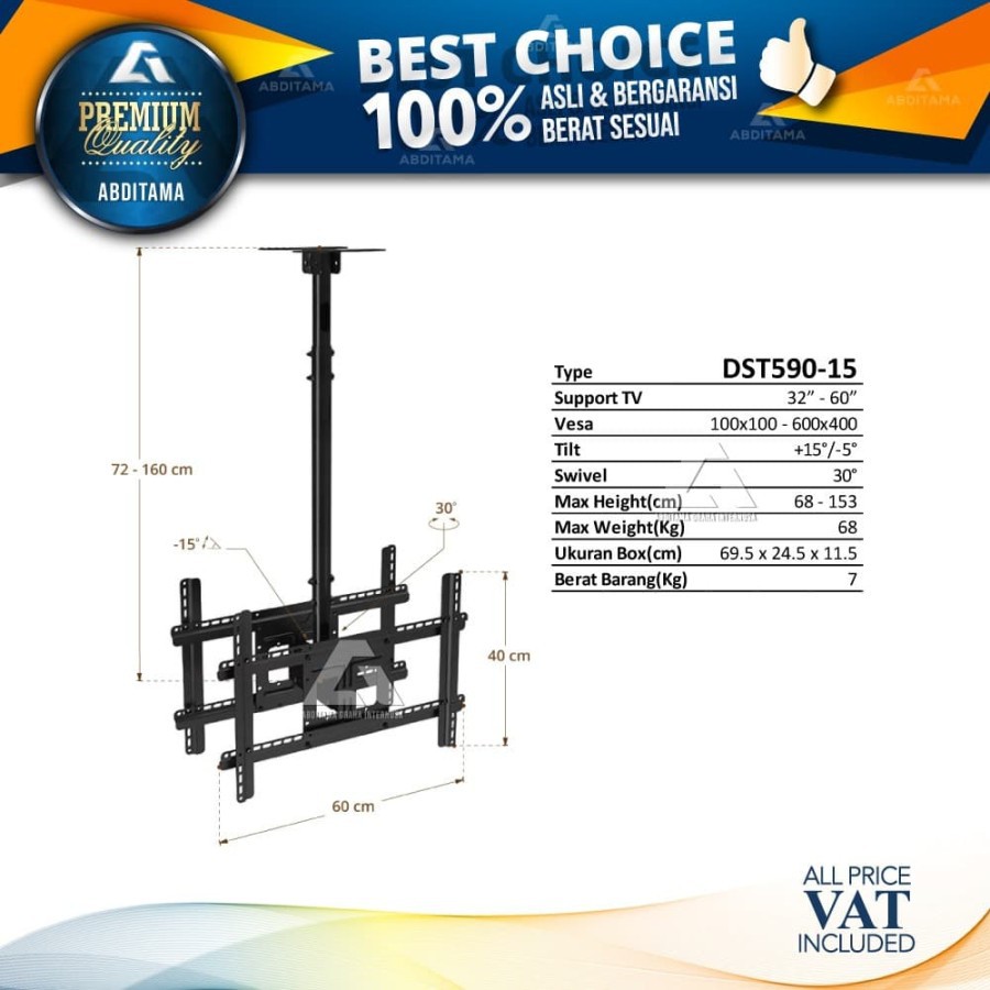 Bracket 2 Dual TV Ceiling Gantung Plafon DST590-15 32&quot;-60&quot; Tilt Swivel