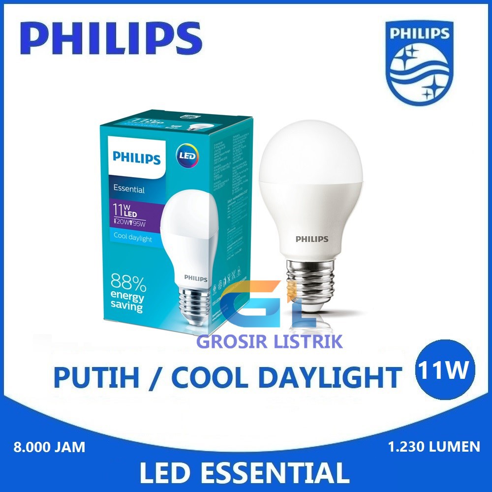 Lampu Philips LED Essential 11W Putih Cool Daylight 6500K (11 Watt 11 W 11Watt) Original Grosir