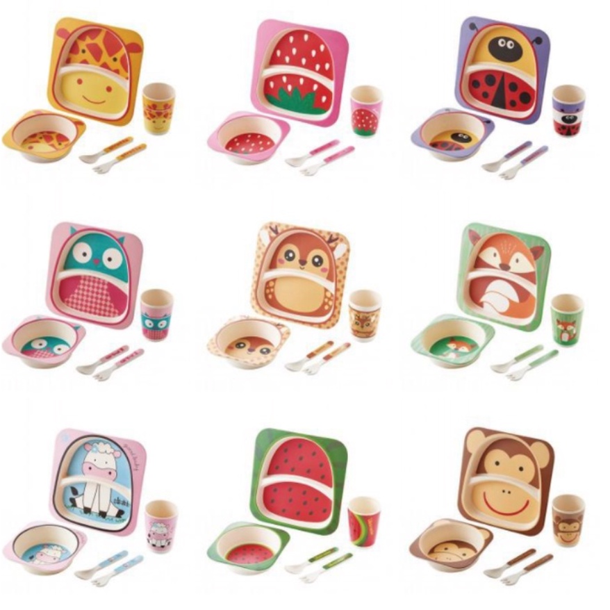 Peralatan Makan Anak Set 5 in 1 Bamboo / Peralatan Makan Bayi Piring Anak Set Sendok Garpu Gelas Mangkok Anak Variasi Desain