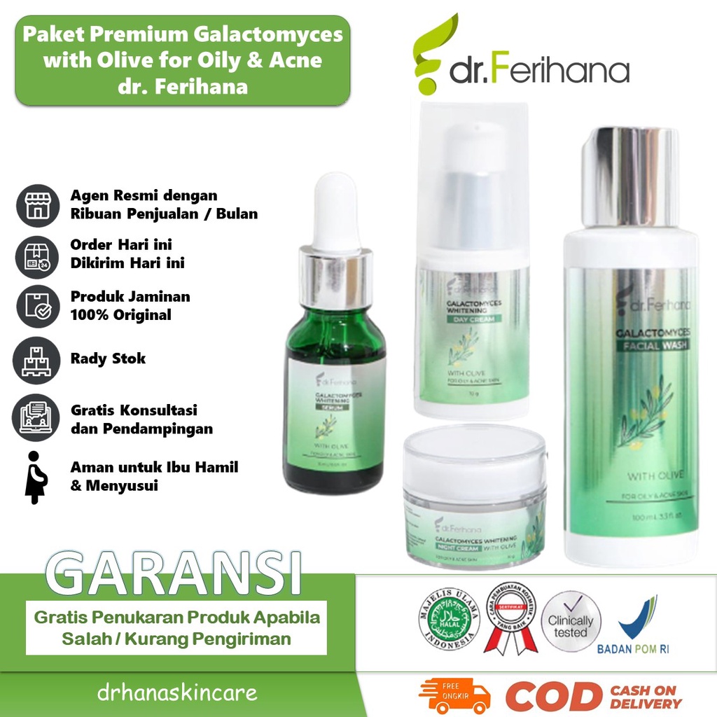 Paket Premium Galactomyces Whitening for Oily &amp; Acne Skin dr. Ferihana Cosmetics &amp; Skincare Paket Perawatan Wajah untuk Kulit Berminyak Berjerawat Ringan Sedang sampai Meradang Bernanah Sekaligus Mencerahkan Memudarkan Bekas Anti Aging BPOM LPPOM HALAL