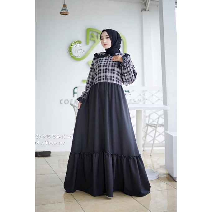 Gamis kimmy mazwa original venyta  kotak kotak bunga  motif dress syari busana muslim baju wanita maxidress lebaran terbaru shakila abstrak motif shabby busui jumbo