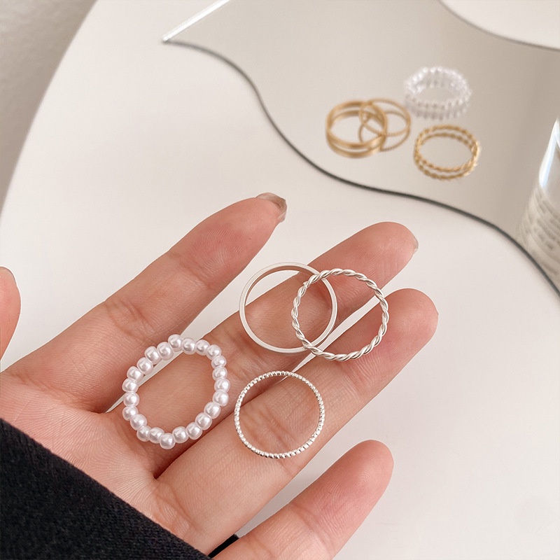 4pcs / Set Cincin Jari Telunjuk Hias Mutiara Gaya Korea Untuk Wanita