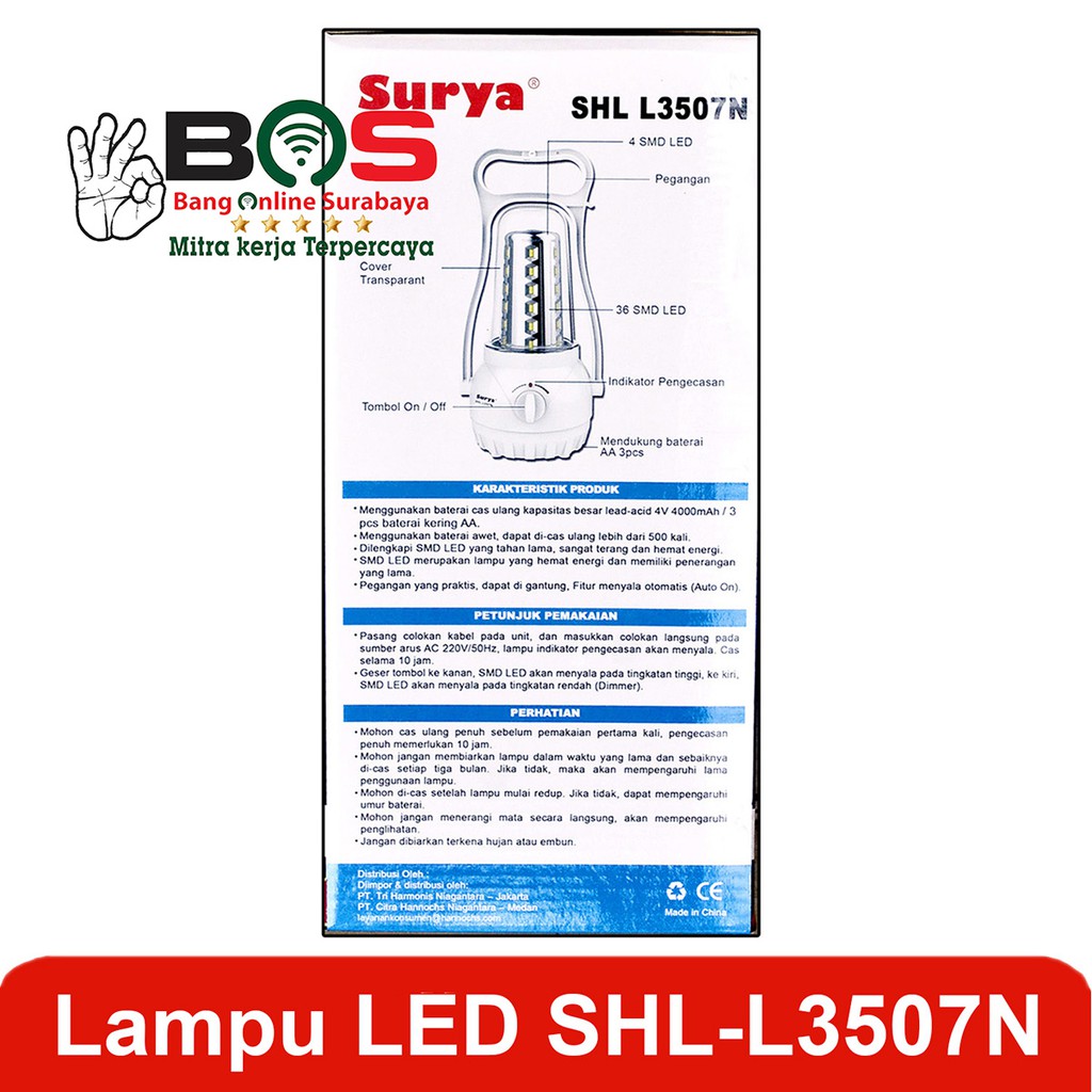 Lampu Emergency SURYA SHL L-3507 N Dapat di charge ulang Tahan Hingga 40 Jam