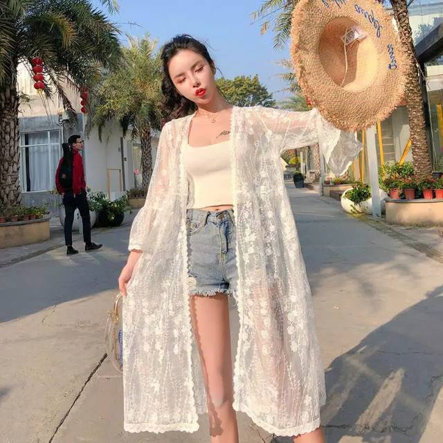 CARDIGAN OUTER LACE PUTIH BORDIR BUNGA LENGAN PANJANG BOHEMIAN VINTAGE