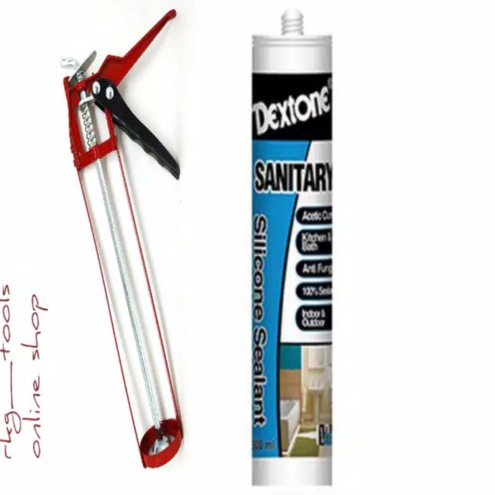 

paket hemat lem dextone sanitary plus sodokan lem - Putih dan clear