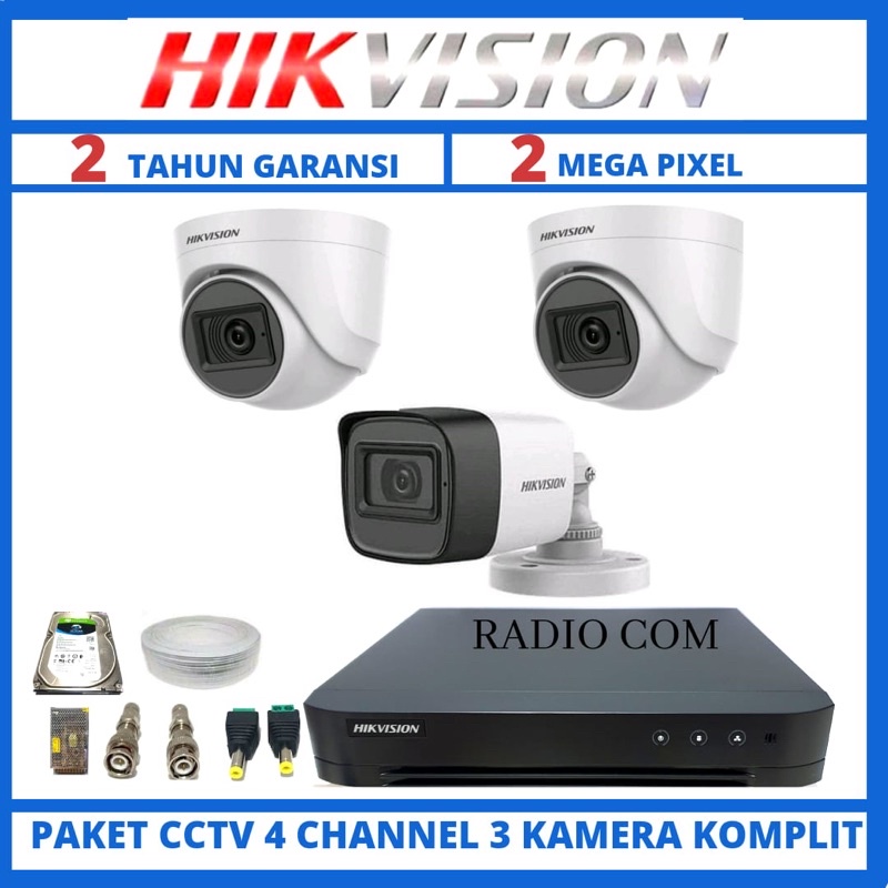 paket cctv hikvision 4 channel 3 camera 2mp 1080p turbo hd tvi