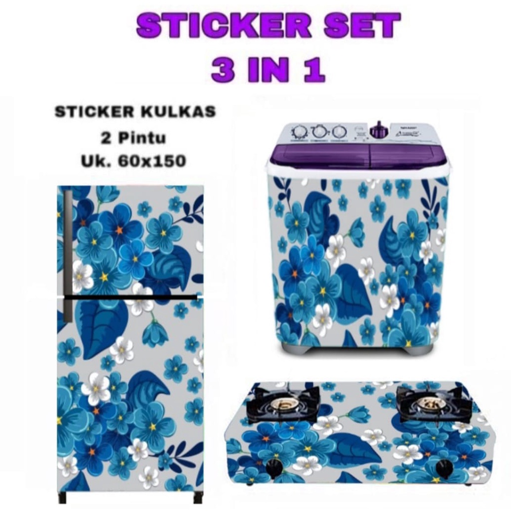 Stiker Kulkas 2 Pintu Set 3 In 1 Motif Bunga Sakura Biru Putih