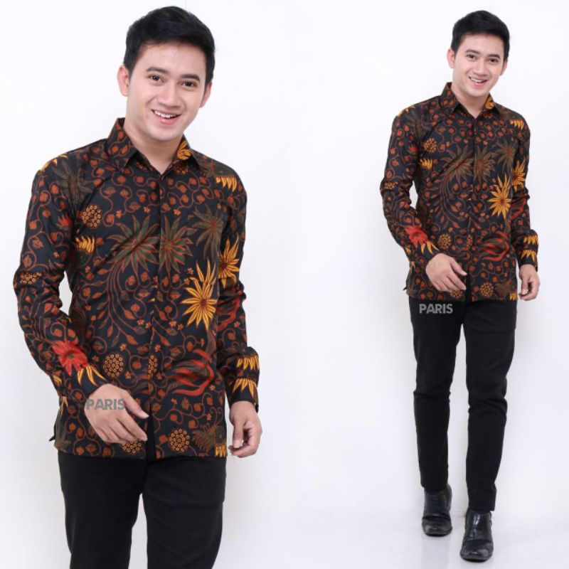 PARIS ATASAN KEMEJA BATIK COWOK UNGGUL JAYA WARNA COKLAT MIX HITAM OREN MOTIF BUNGA JUMBO XXL KLASIK