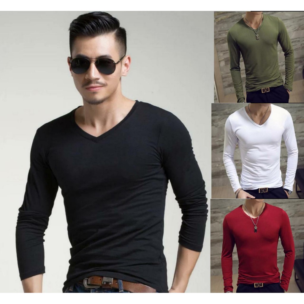 Kaos Pria Kaos Polos Pria Lengan Panjang V Neck T Shirt Polos Kaos Lengan Panjang Shopee Indonesia