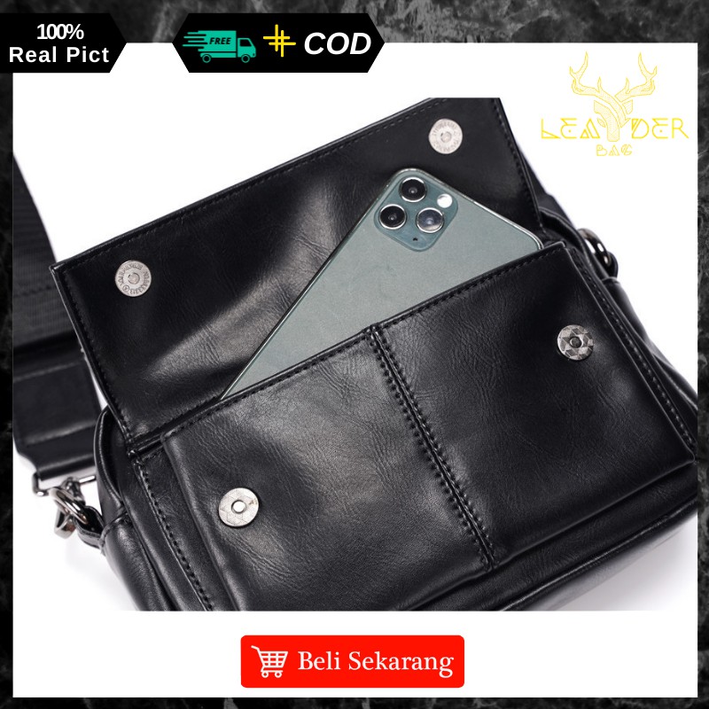 Tas Selempang Kulit Pria Original Model Terbaru Warna Hitam Atau Tas Kulit Cowok Import Waterproof